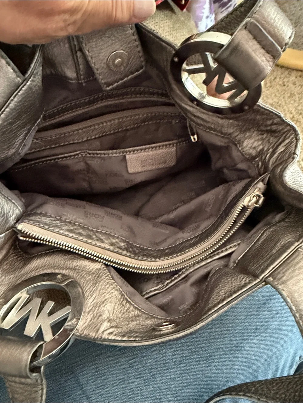 Michael Kors silvery Pebbled Leather Duffel with MK Charm